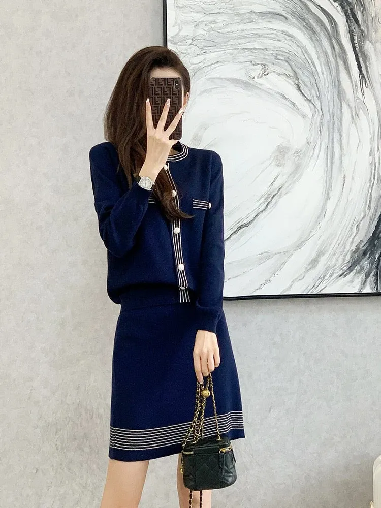 2023 autumn and winter new French style fashion suit women's slim sweater A-line skirt knitted two-piece suit skirt