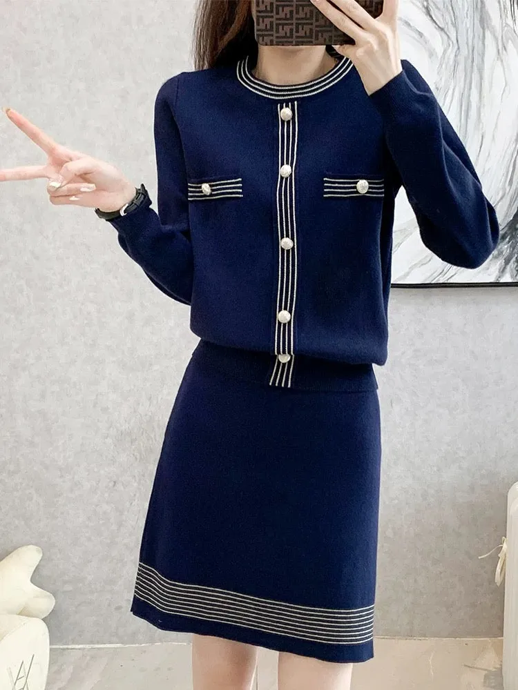 2023 autumn and winter new French style fashion suit women's slim sweater A-line skirt knitted two-piece suit skirt