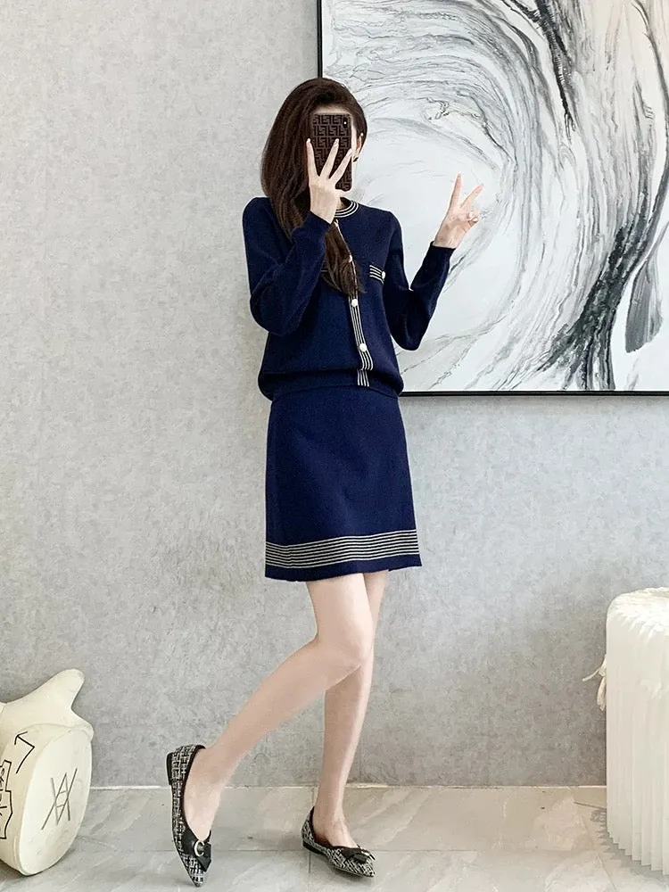 2023 autumn and winter new French style fashion suit women's slim sweater A-line skirt knitted two-piece suit skirt