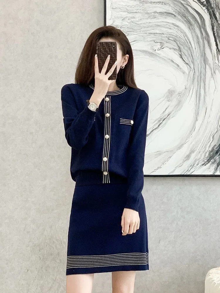 2023 autumn and winter new French style fashion suit women's slim sweater A-line skirt knitted two-piece suit skirt