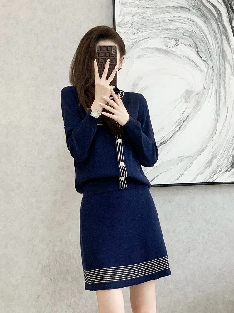 2023 autumn and winter new French style fashion suit women's slim sweater A-line skirt knitted two-piece suit skirt