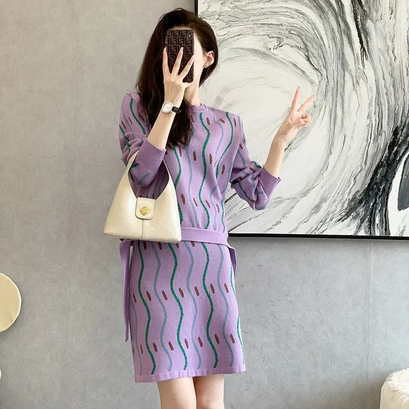 2023 autumn and winter new style small fragrance two-piece chic printed striped long-sleeved knitted sweater suit skirt women's 