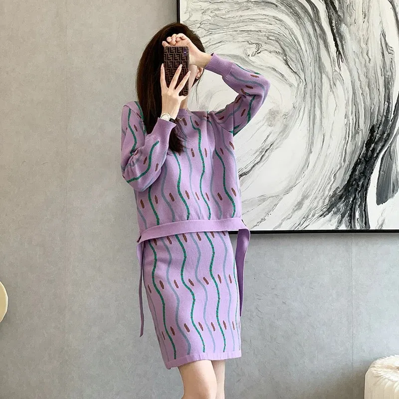 2023 autumn and winter new style small fragrance two-piece chic printed striped long-sleeved knitted sweater suit skirt women's 