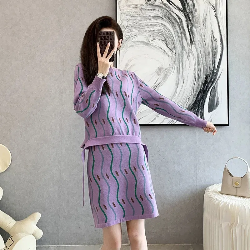 2023 autumn and winter new style small fragrance two-piece chic printed striped long-sleeved knitted sweater suit skirt women's 