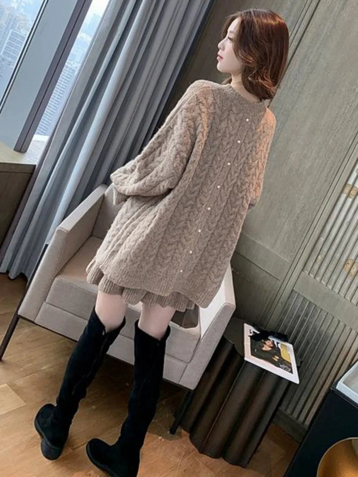 2023 new autumn and winter Korean style twist pullover sweater + skirt two-piece loose lazy style suit for women