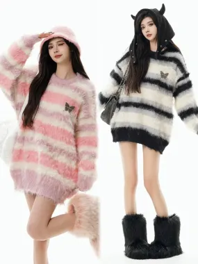 American striped wide-color sweater for women in autumn and winter 2023 new style mink hair mohair outer wear with lazy knitted 