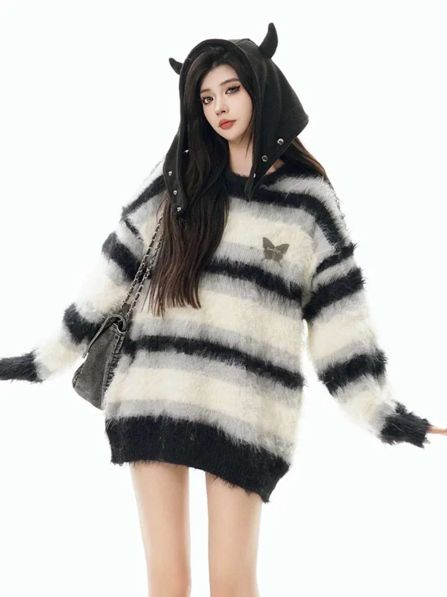 American striped wide-color sweater for women in autumn and winter 2023 new style mink hair mohair outer wear with lazy knitted 