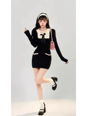 Aunt Barbie New Year's Bow Knitted Dress Women's Autumn Slim Long Sleeve Bottoming Small Fragrant Style Sweater Dress