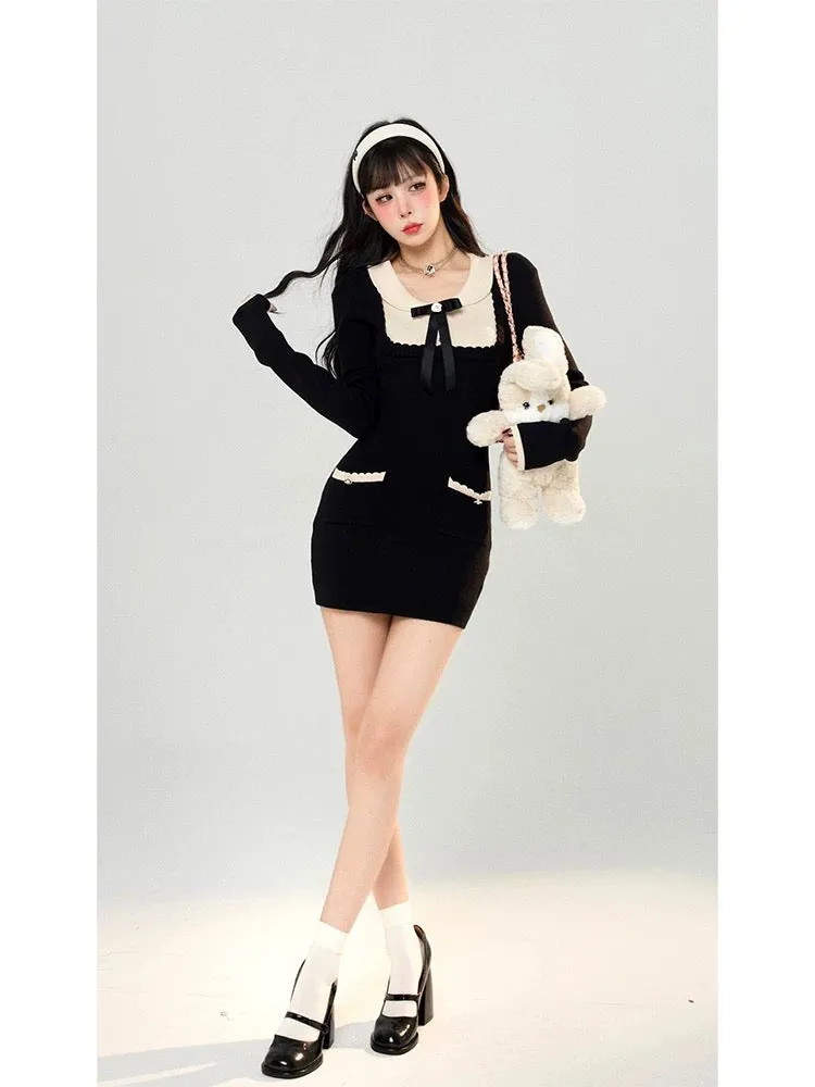 Aunt Barbie New Year's Bow Knitted Dress Women's Autumn Slim Long Sleeve Bottoming Small Fragrant Style Sweater Dress