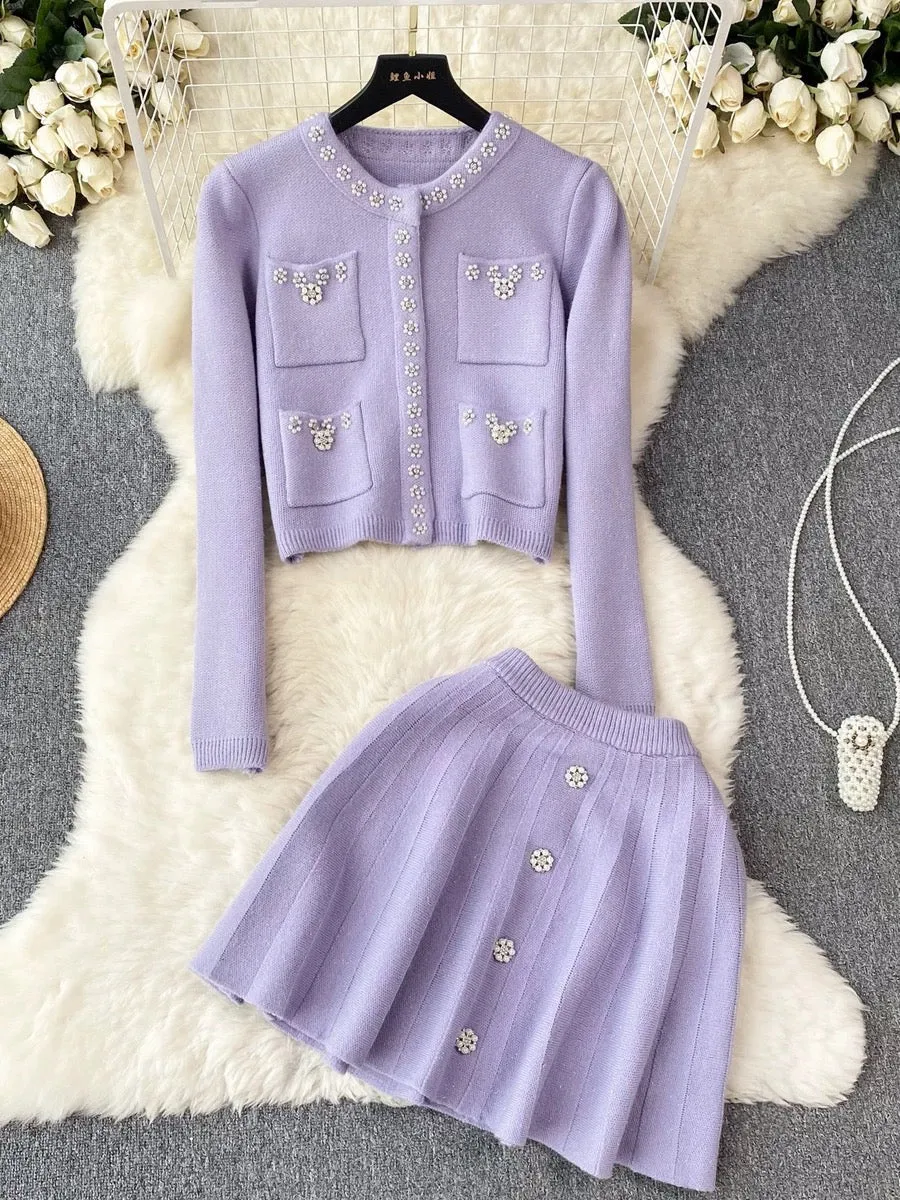 Autumn and winter elegant lady knitted suit women's short sweater shawl jacket + suspender dress two-piece set