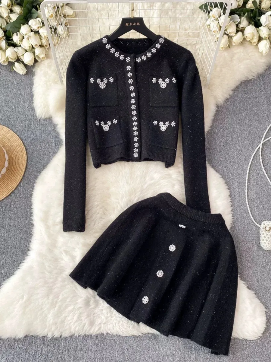 Autumn and winter elegant lady knitted suit women's short sweater shawl jacket + suspender dress two-piece set