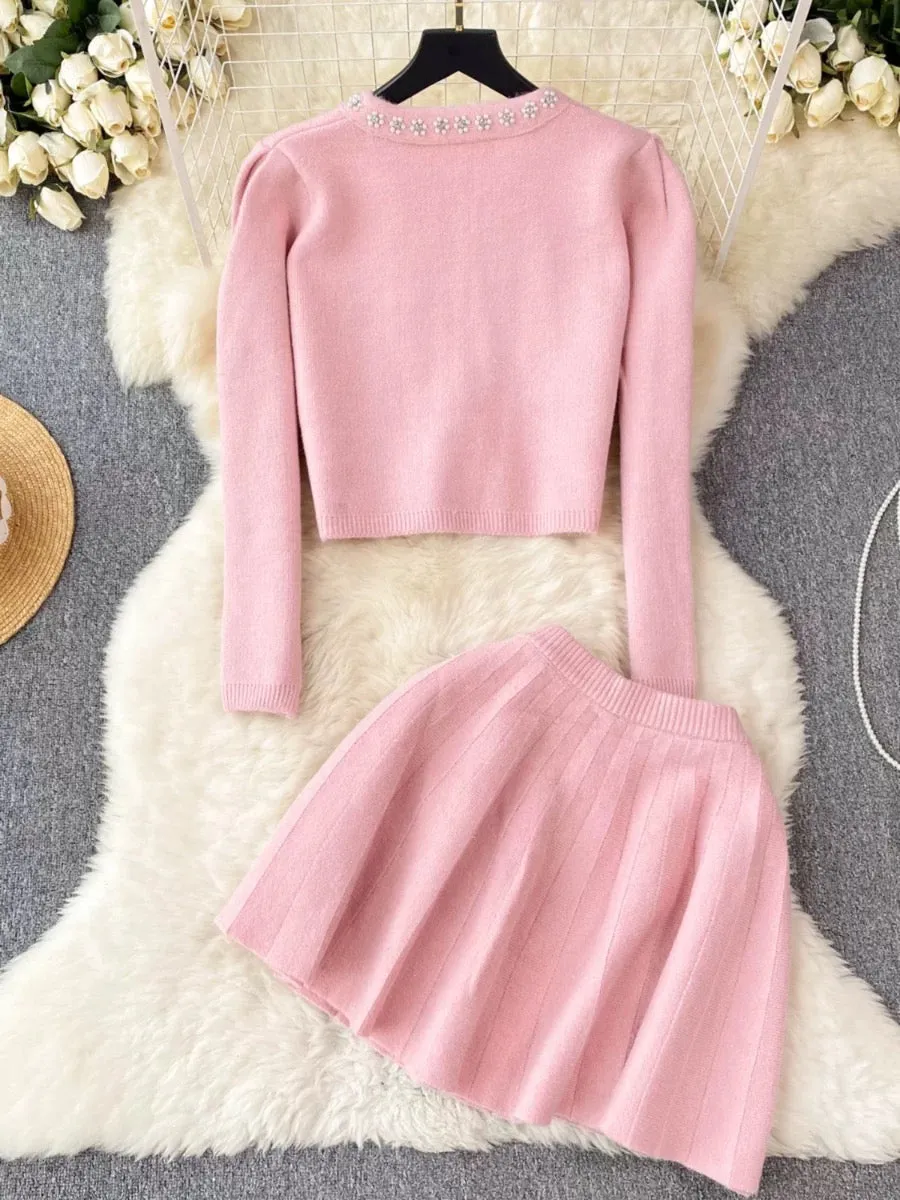 Autumn and winter elegant lady knitted suit women's short sweater shawl jacket + suspender dress two-piece set