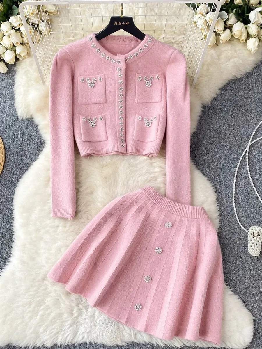 Autumn and winter elegant lady knitted suit women's short sweater shawl jacket + suspender dress two-piece set