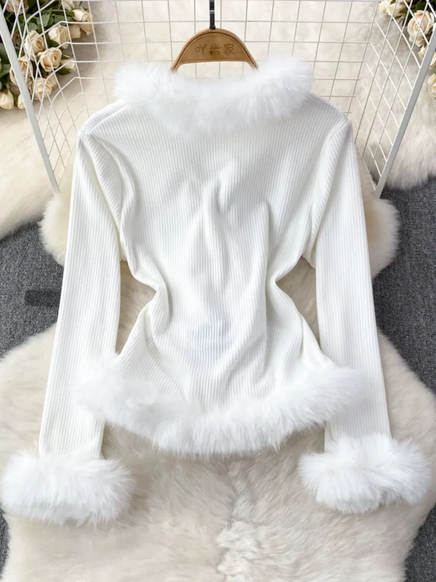 Autumn and winter Korean style pure lust style V-neck splicing bell sleeves slim slim fur sweater women's casual jacket top