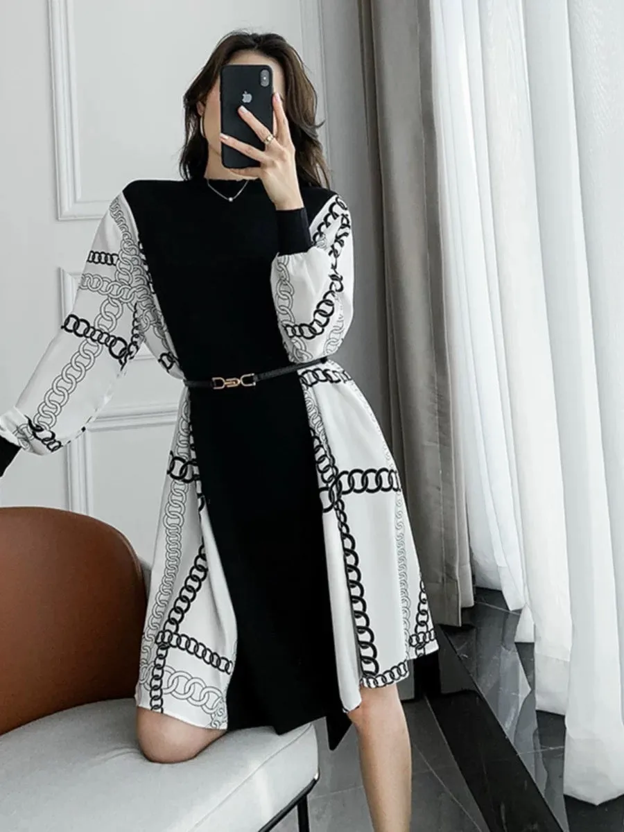 Autumn and winter new style knitted dress for women with contrasting color prints for small people, loose and slim, spliced chif