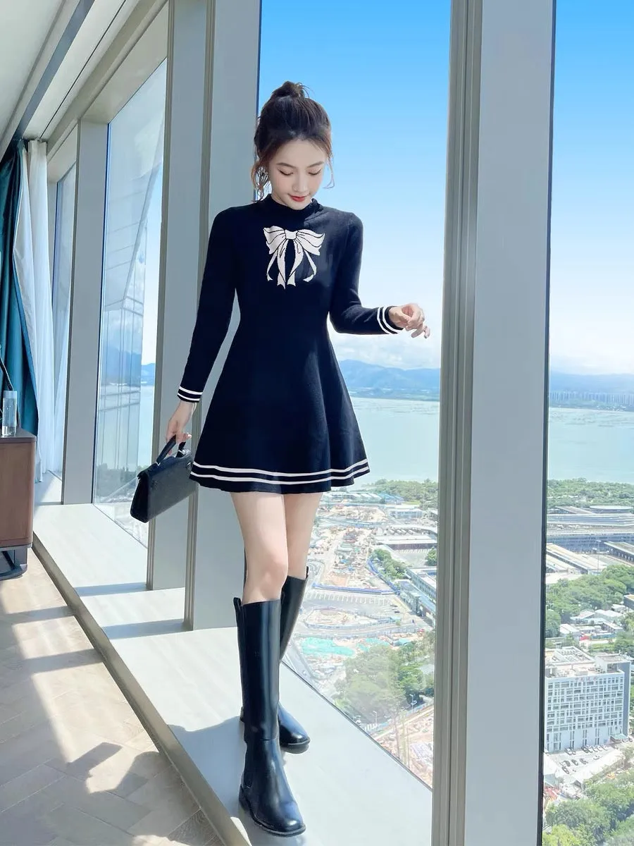 Autumn clothing 2023 new French black sweater skirt little black skirt autumn high-end knitted dress women autumn and winter T23