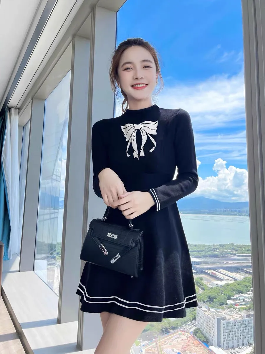 Autumn clothing 2023 new French black sweater skirt little black skirt autumn high-end knitted dress women autumn and winter T23