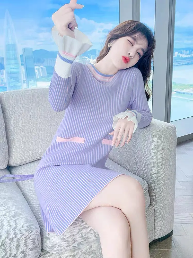 Autumn clothing 2023 new purple French knitted dress autumn temperament autumn high-end sweater skirt women autumn and winter T2