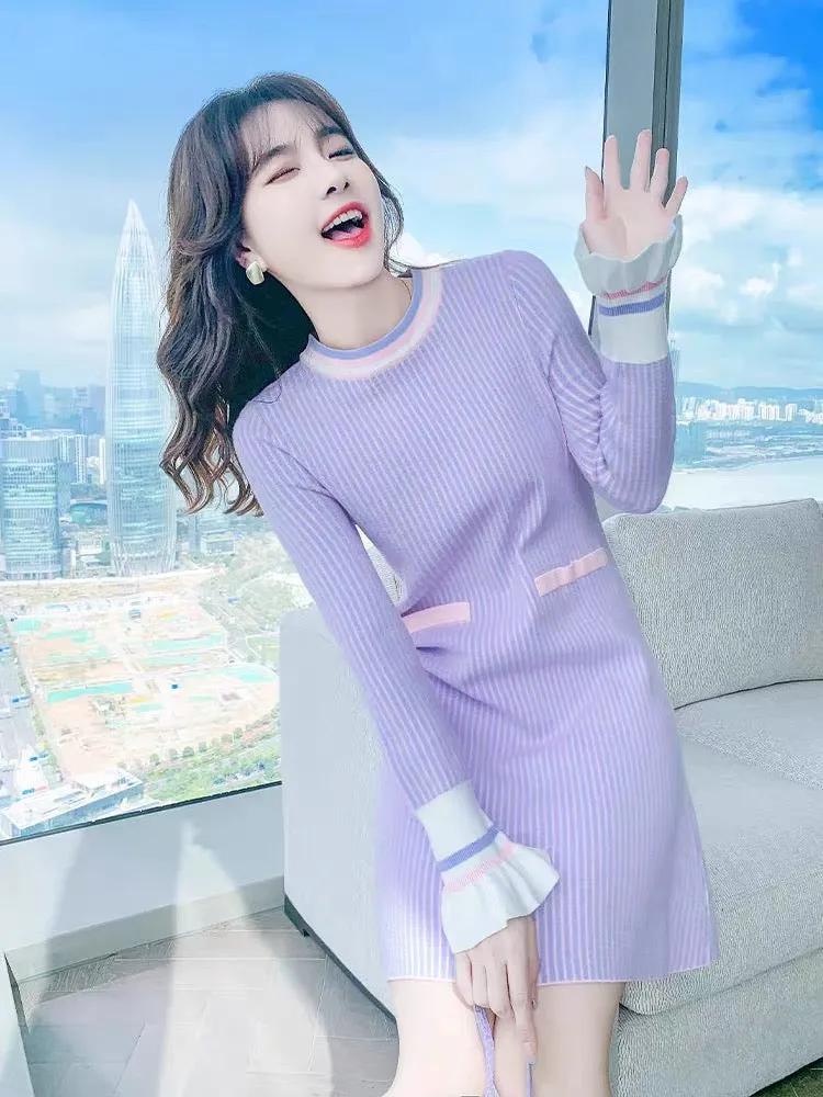 Autumn clothing 2023 new purple French knitted dress autumn temperament autumn high-end sweater skirt women autumn and winter T2