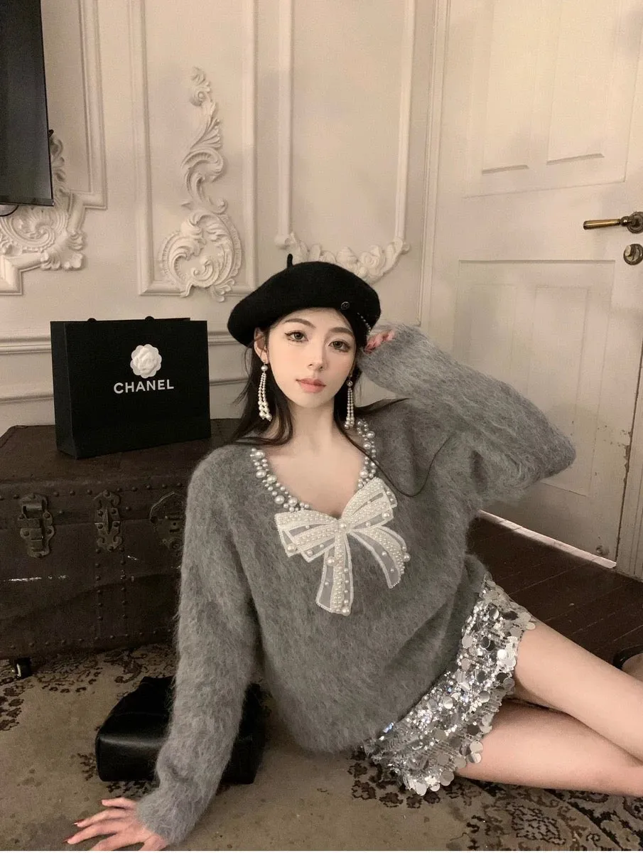 Beaded bow imitation mink v-neck sweater for women autumn and winter fufu lazy style loose long-sleeved sweater top