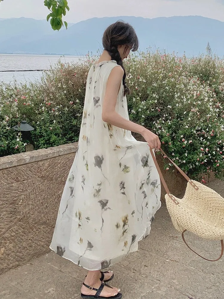 Beautiful and super fairy white sleeveless tulle dress for women summer French style gentle style seaside vacation vest skirt