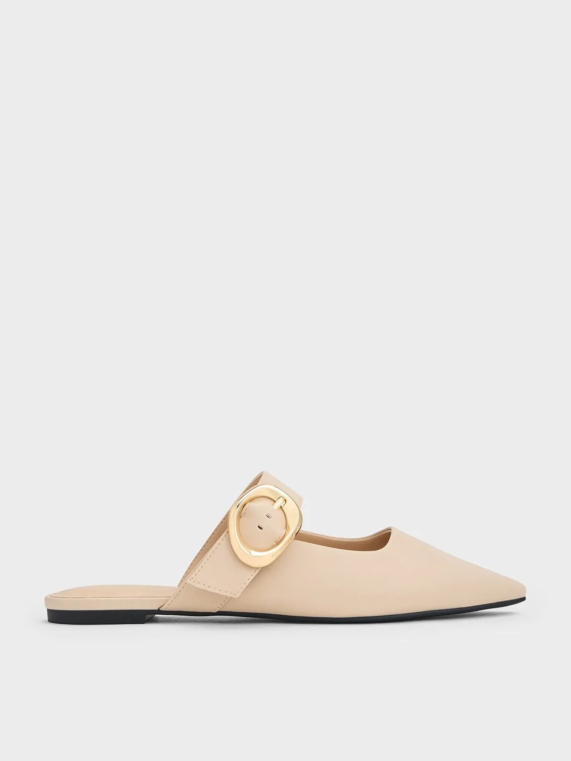 Buckle-Strap Flat Mules - Nude