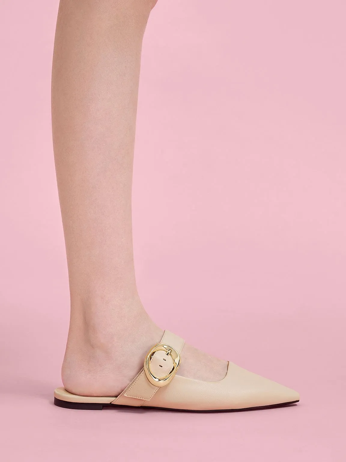 Buckle-Strap Flat Mules - Nude