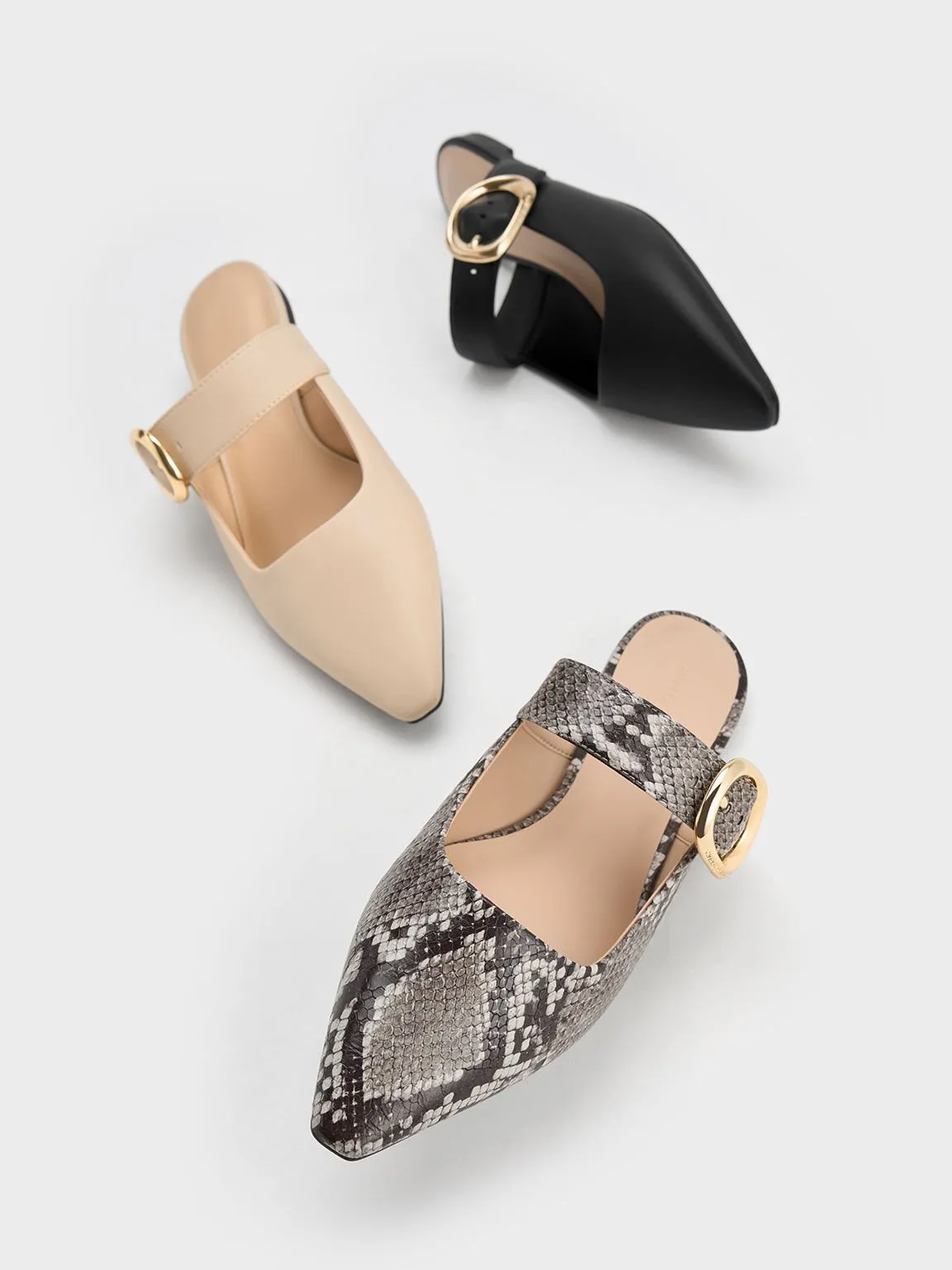 Buckle-Strap Flat Mules - Nude