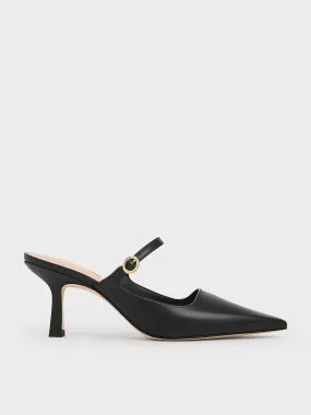 Buckle-Strap Heeled Mules - Black