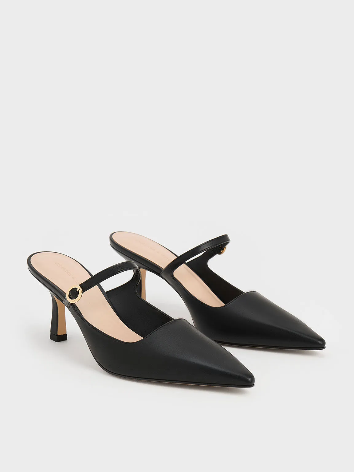 Buckle-Strap Heeled Mules - Black