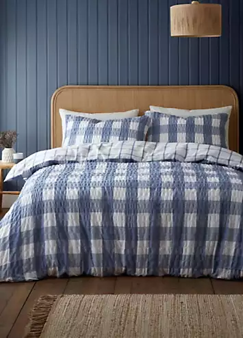 Catherine Lansfield Blue Brushed Cotton Seersucker Gingham Duvet Cover Set | Kaleidoscope