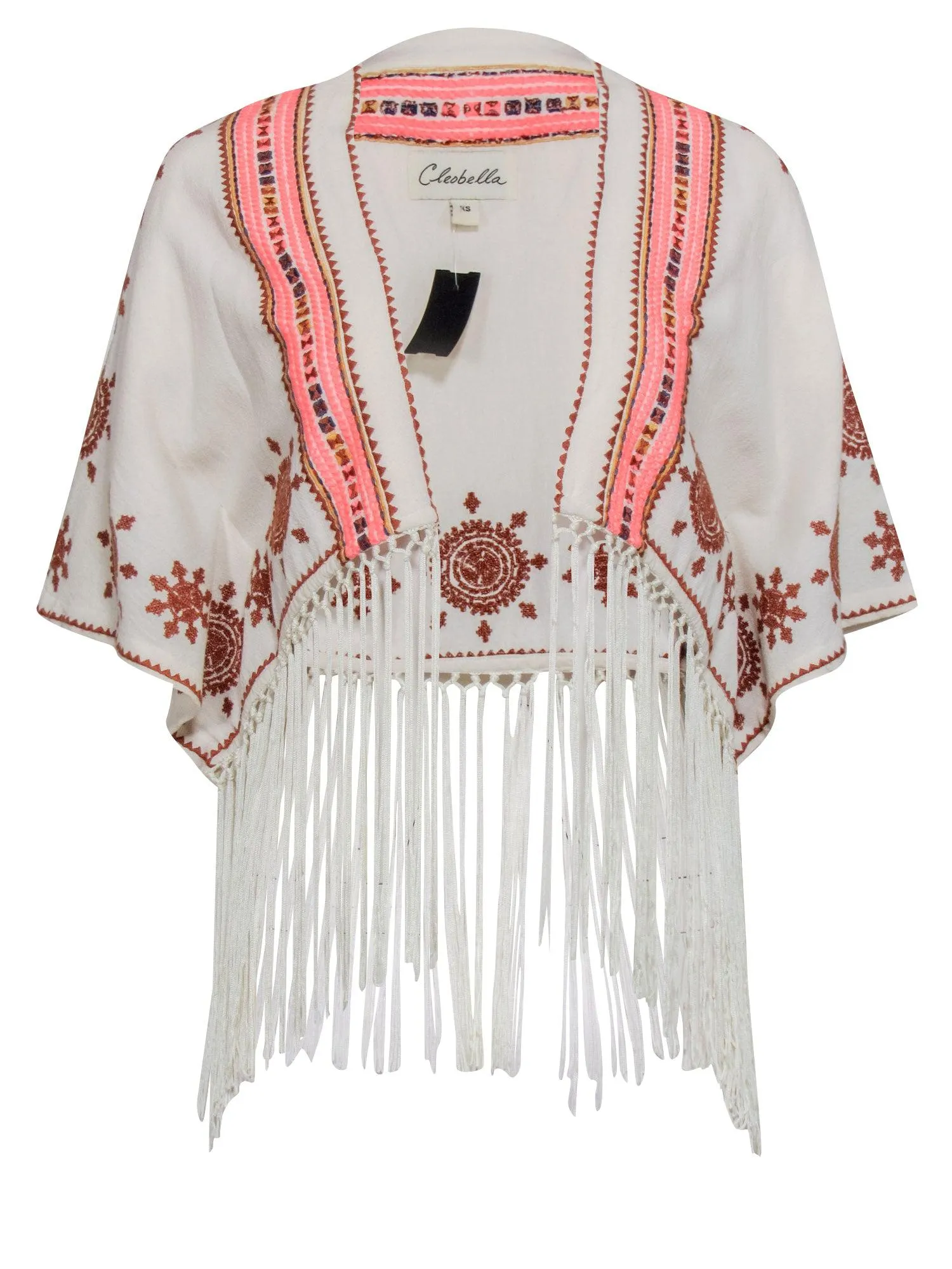 Cleobella - Cream Cardigan Shirt w/ Multicolor Embroidery & Fringe Trim Sz XS