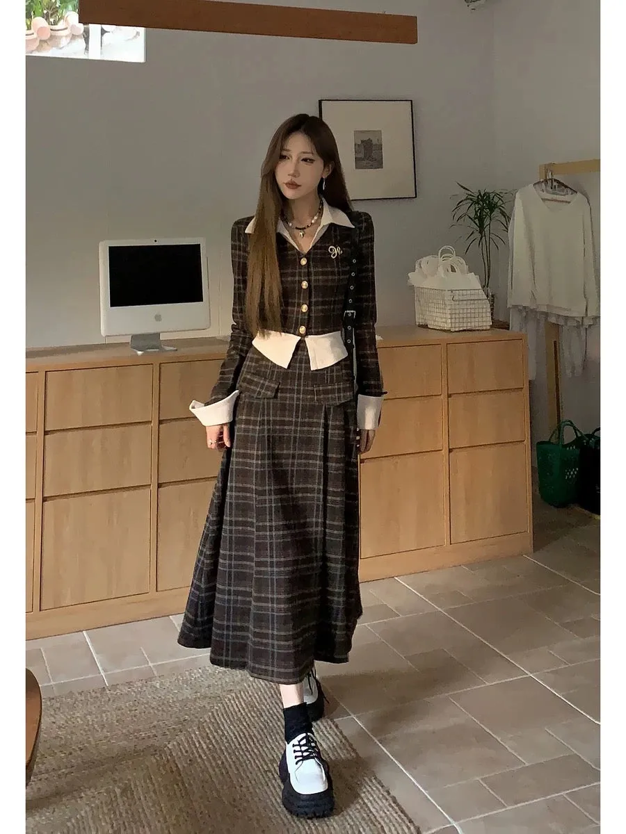 DREAM SEVEN77 College style fake two-piece brushed plaid sweater fashion suit for women in autumn and winter Korean style