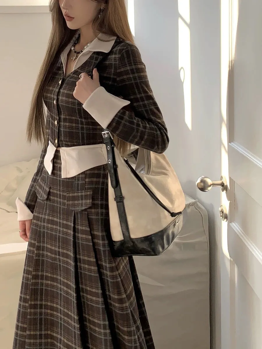 DREAM SEVEN77 College style fake two-piece brushed plaid sweater fashion suit for women in autumn and winter Korean style