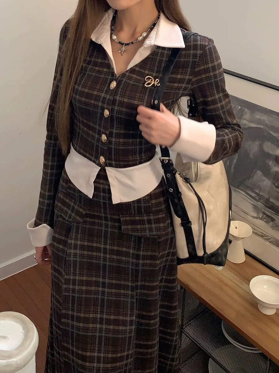 DREAM SEVEN77 College style fake two-piece brushed plaid sweater fashion suit for women in autumn and winter Korean style