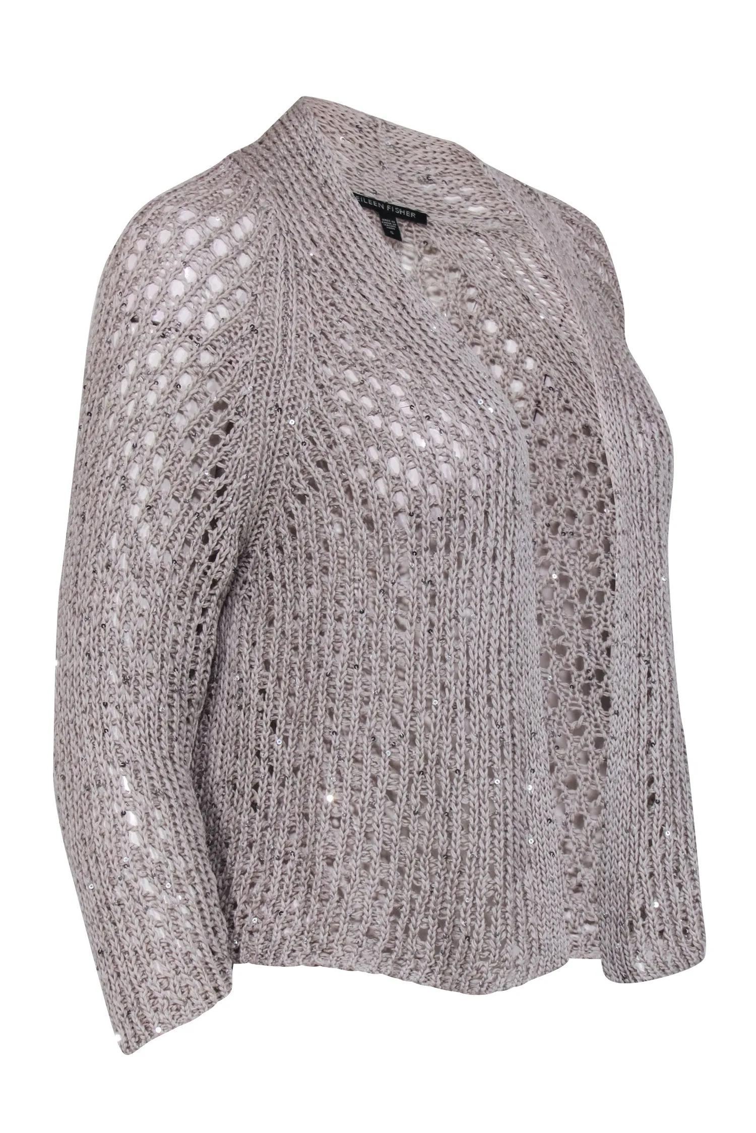 Eileen Fisher - Grey Cotton Knit Open Cardigan w/ Sequin Design Sz S