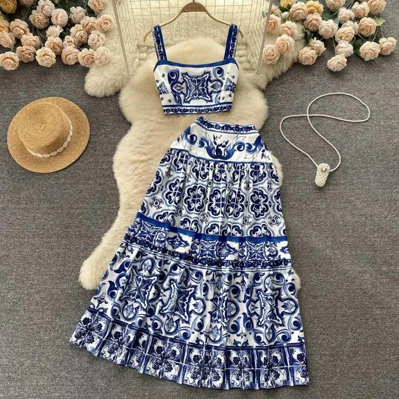 European and American style blue and white porcelain print suit for women in summer pure waist-revealing camisole vest + high wa