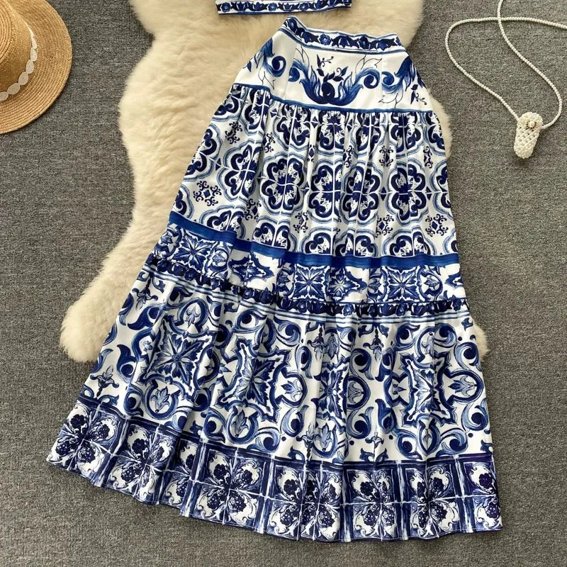 European and American style blue and white porcelain print suit for women in summer pure waist-revealing camisole vest + high wa