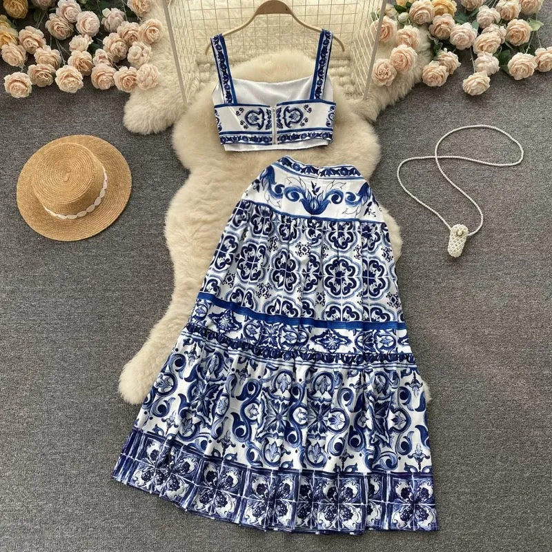 European and American style blue and white porcelain print suit for women in summer pure waist-revealing camisole vest + high wa