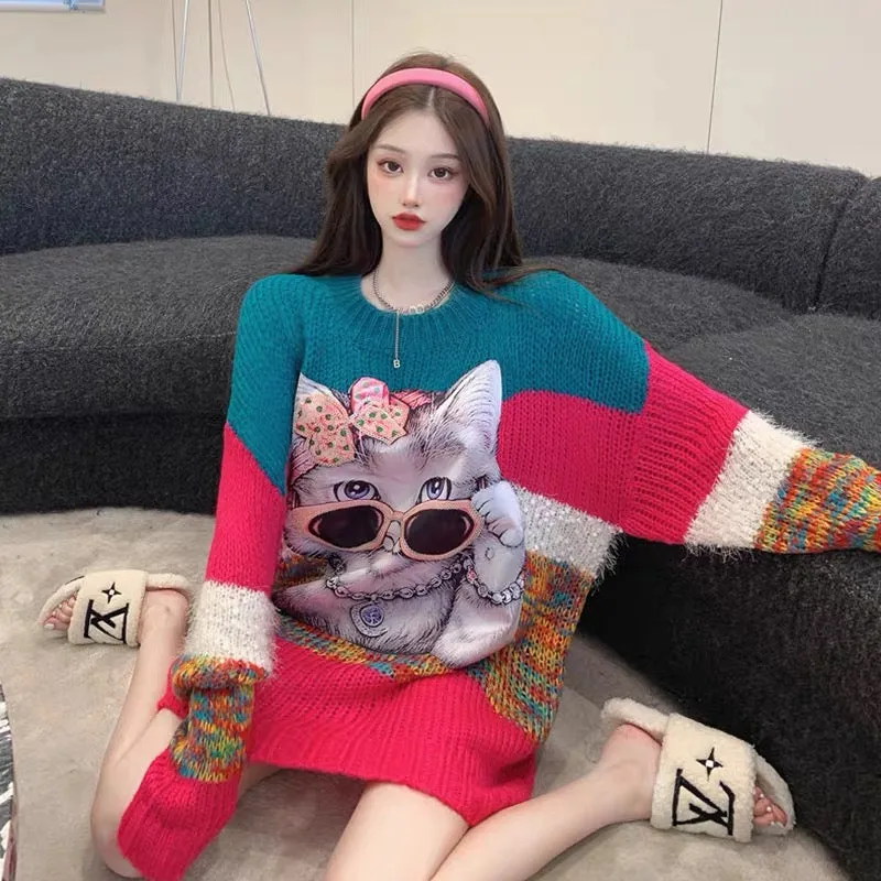 European long-sleeved sweater for women, thickened new style, loose Korean version, heavy industry cat print, mid-length large s