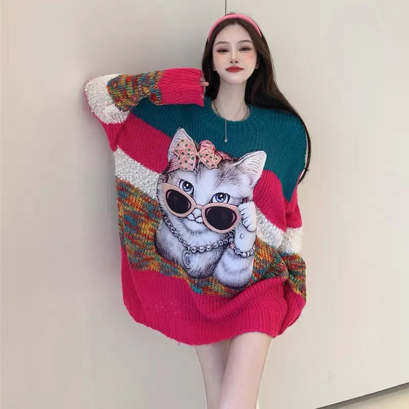 European long-sleeved sweater for women, thickened new style, loose Korean version, heavy industry cat print, mid-length large s