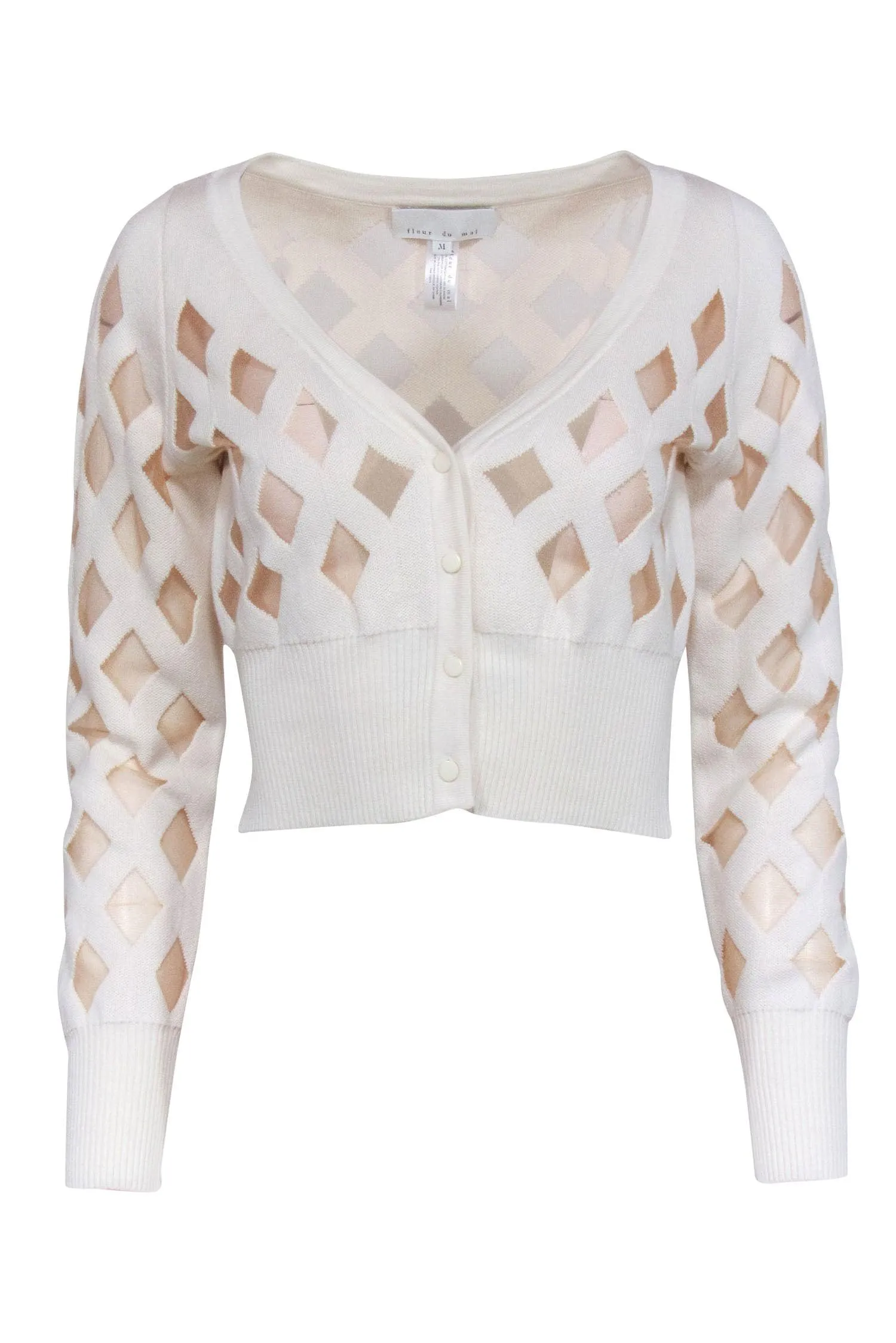 Fleur Du Mal - Cream Cropped Cardigan w/ Sheer Diamond Pattern Sz M