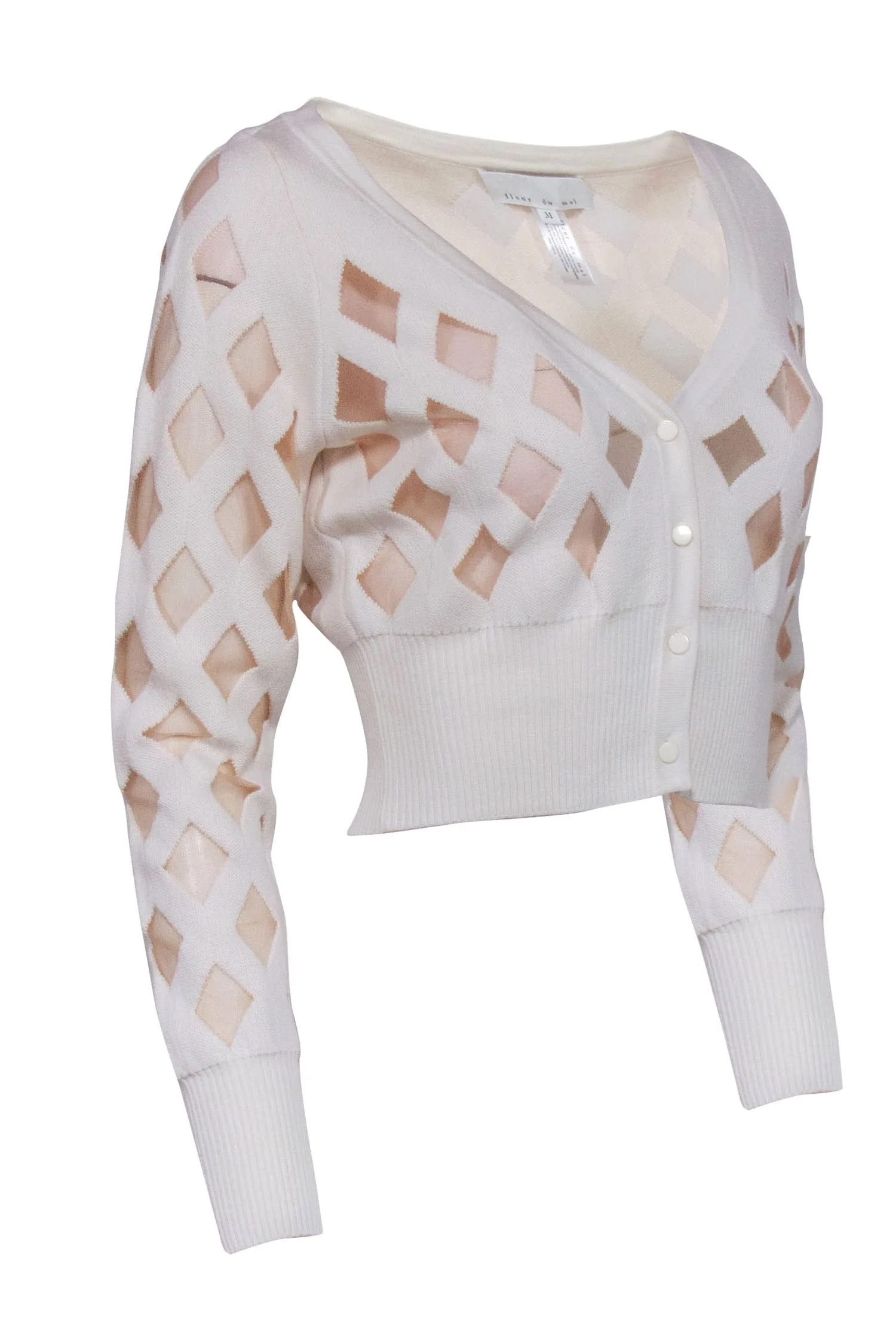 Fleur Du Mal - Cream Cropped Cardigan w/ Sheer Diamond Pattern Sz M