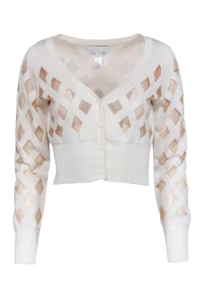 Fleur Du Mal - Cream Cropped Cardigan w/ Sheer Diamond Pattern Sz M