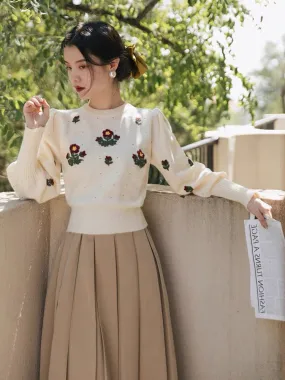 French autumn and winter new style retro embroidered small red flower knitted sweater and pleated skirt two-piece set with sweet