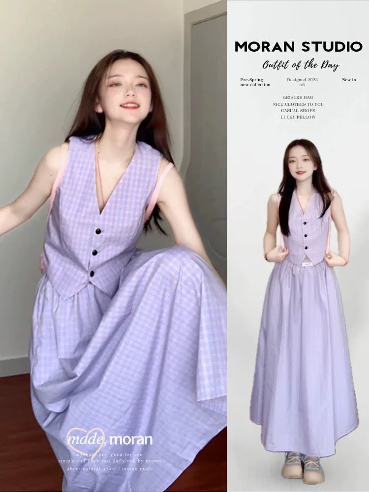 French fashion age-reducing full set of temperament outfit summer purple plaid vest suit women's skirt two-piece suit