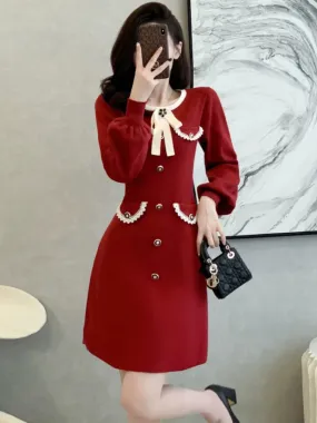 French socialite red knitted dress for women in autumn and winter, waist-cinching, sweet temperament, bow, slimming A-line sweat