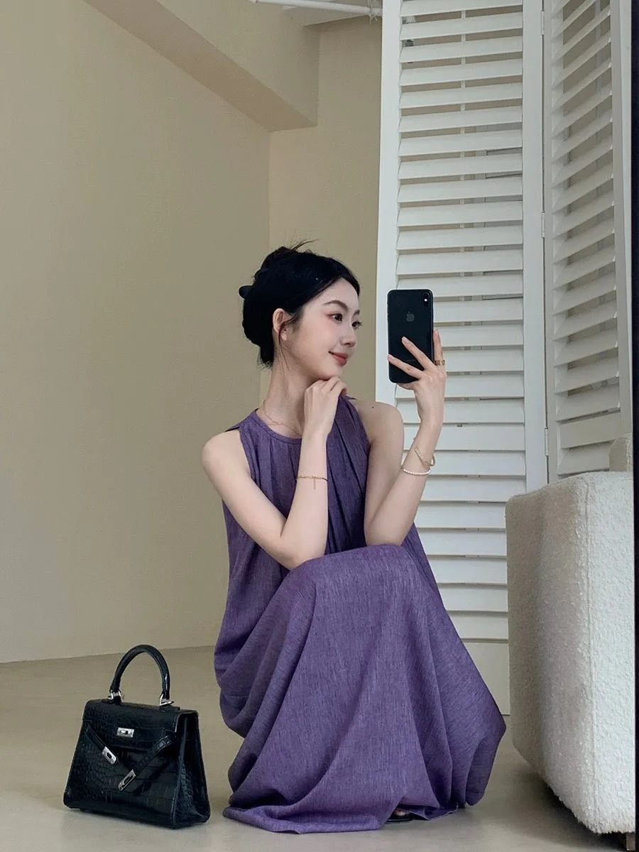 FT GUOGE purple vest dress female 2024 summer new style super beautiful slim sleeveless long skirt