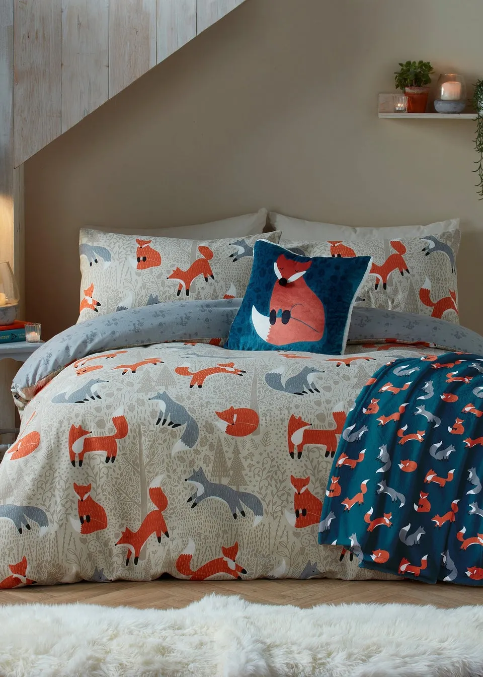 Fusion Foraging Fox Brushed Cotton Natural Duvet Cover Set