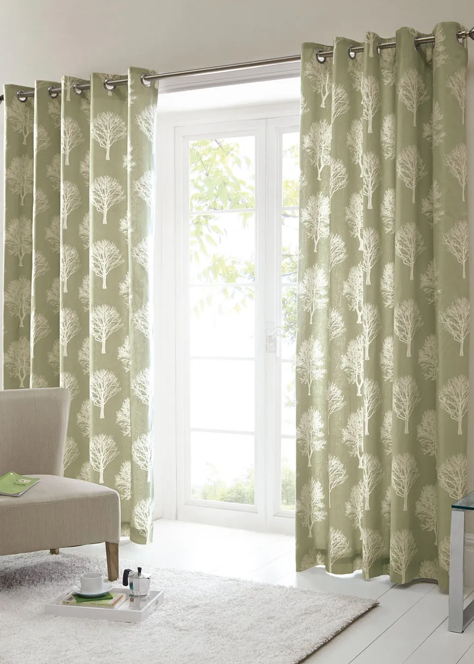 Fusion Woodland Trees Green Eyelet Curtains